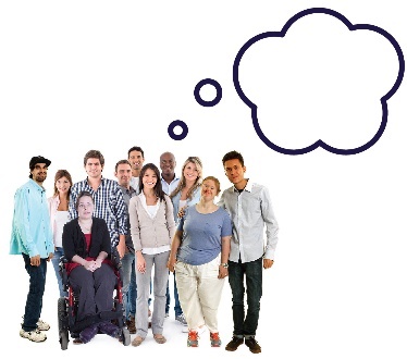 A group of people standing together and a thought bubble. 