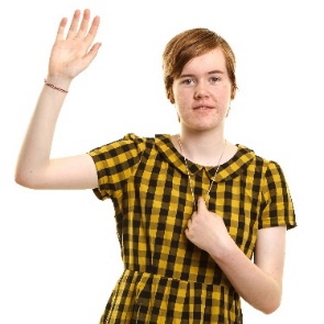 A young girl pointing at herself. 