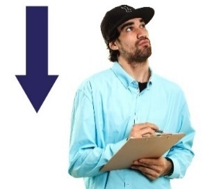 A man writing on a clipboard and an arrow pointing down. 
