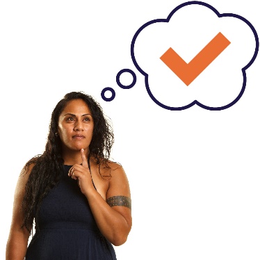 A woman thinking with a tick in the thought bubble.