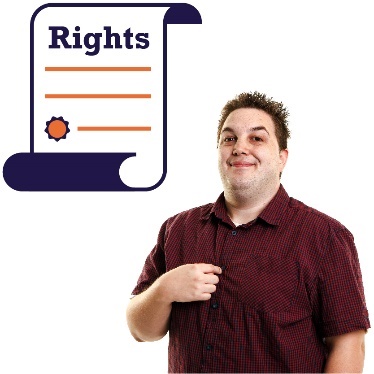 A man pointing at himself and the rights icon. 