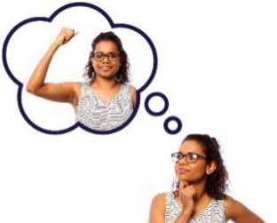 A woman thinking and a thought bubble with the same woman raising her fist in the air for her rights. 