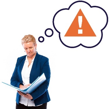 A woman reading a document and a thought bubble with the problem icon in it. 