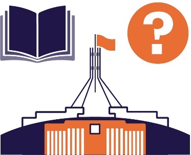Parliament House, book and question mark icons. 