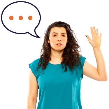 A woman raising her hand to say something and a speech bubble with three dots in it. 