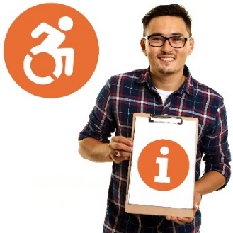 A man holding a clipboard with the information icon on it. The accessibility icon is above him. 