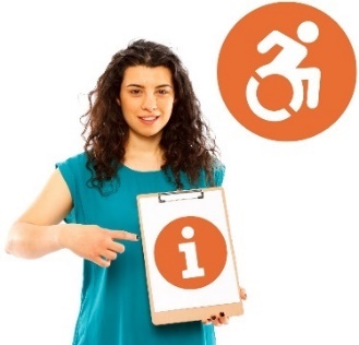 A woman holding a clipboard with the information icon on it. The accessibility icon is above her. 