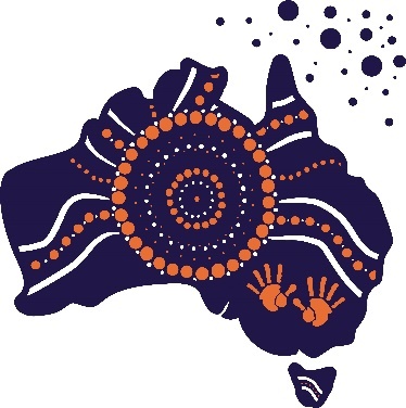 A map of Australia with an Aboriginal dot pattern and hand prints. There are dots for the Torres Strait Islands.