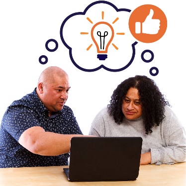 A man and a woman looking at a laptop together. They both have a thought bubble with a lightbulb icon and thumbs up in it. 