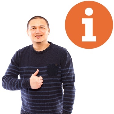 A man giving a thumbs up and the information icon. 