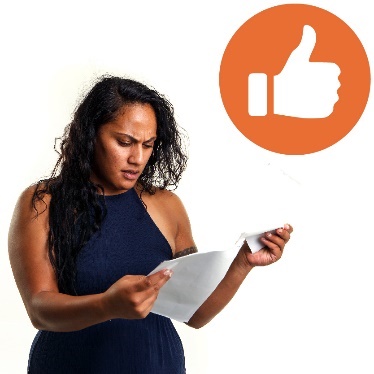 A woman reading a document and the thumbs up icon. 