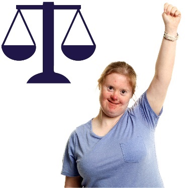 A woman raising her fist in the air and the judge's scales icon. 