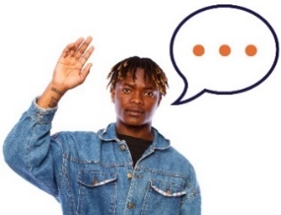 A man raising his hand to say something and a speech bubble with three dots in it. 