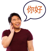A man talking on the phone and a speech bubble with Chinese in it. 