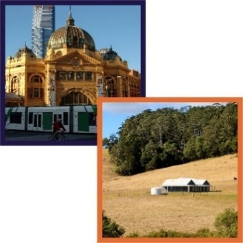 Montage of two images. The first is a photo of a city, the second is a photo of a house in a rural area. 
