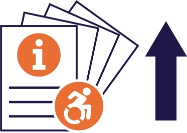 A stack of documents with the information and accessibility icons on them and an arrow pointing up. 