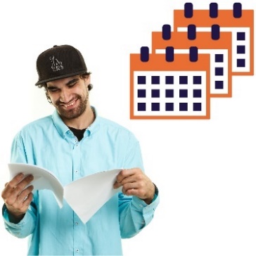 A man reading a document and a stack of calendar icons. 