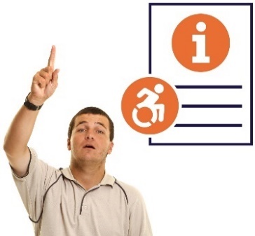 A man raising his hand to say something and a document with the information and accessibility icons on them. 