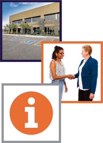 Montage of three images. The first is an accessible car park outside a building, the second is two women shaking hands, the third is the information icon. 