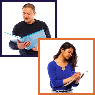 Montage of two images. The first is a man reading a document, the second is a woman writing on a clipboard.
