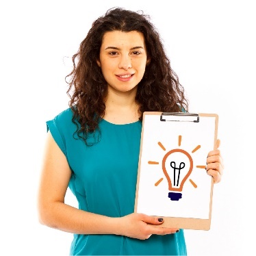 A woman holding a clipboard with a lightbulb icon on it. 